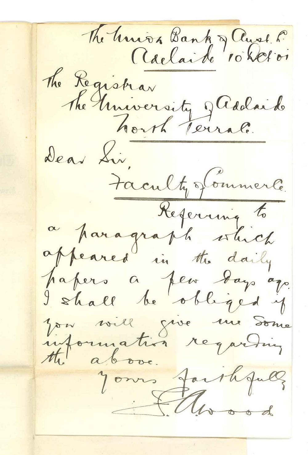 F A Wood - Adelaide - Information regarding Faculty of Commerce