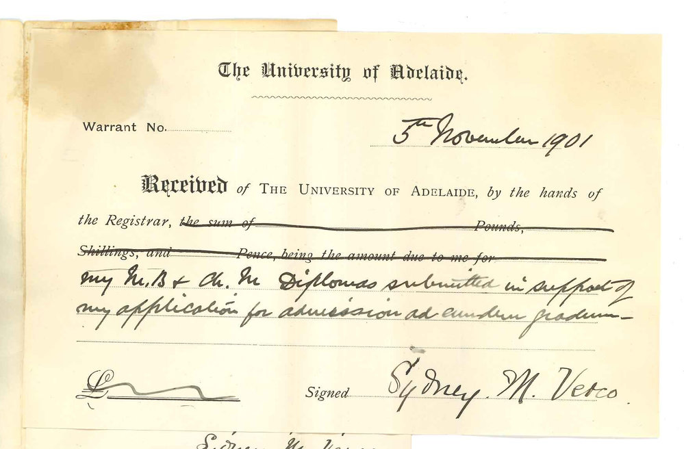 Sydney M Verco MB ChM - Adelaide - Admission ad eundem gradum