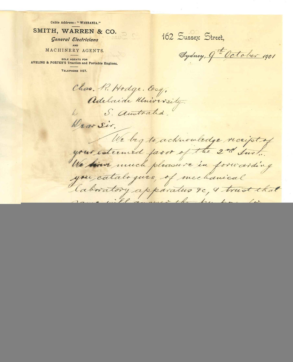 Smith Warren and Company - Sydney - Forwarding catalogues for Mechanical Laboratory apparatus etc