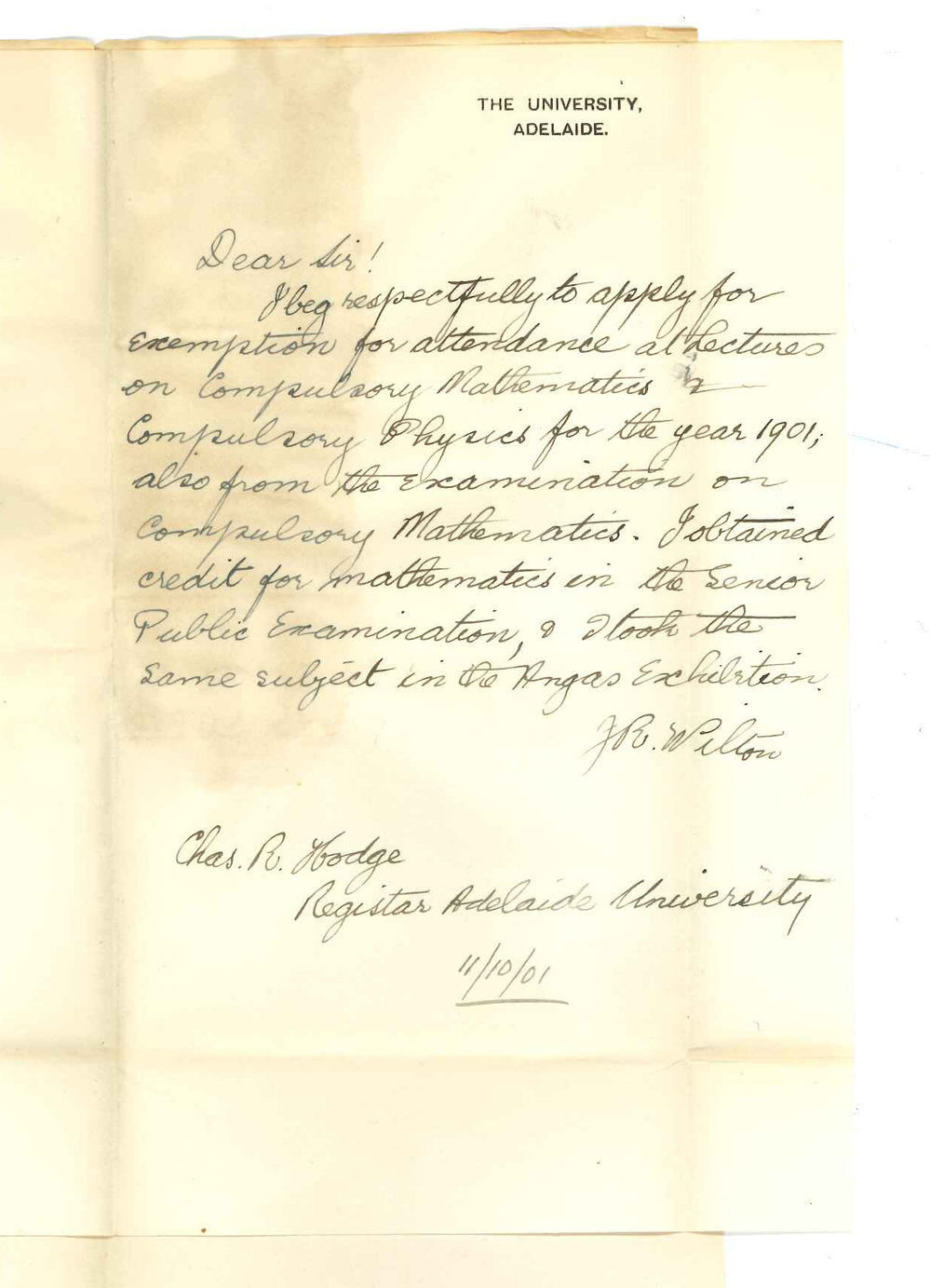 John Raymond Wilton - University - Application for exemption attendance at lectures