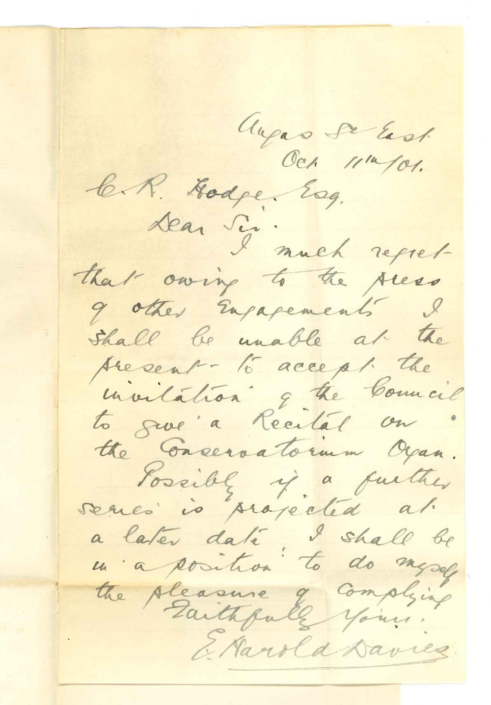E Harold Davies - Adelaide - Unable to give an organ recital at present