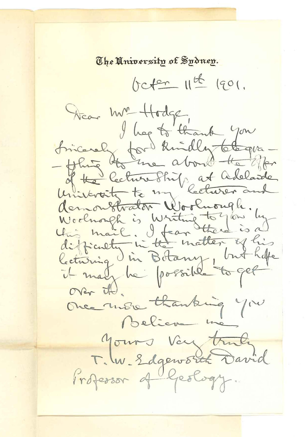 Professor Tannatt William Edgeworth David - University of Sydney - Concerning Mr Walter George Woolnough and lectures on Botany