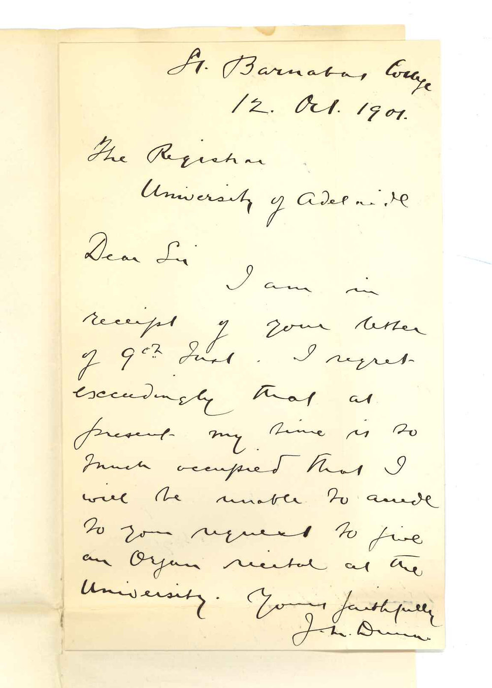 John M Dunn - North Adelaide - Unable to give an organ recital