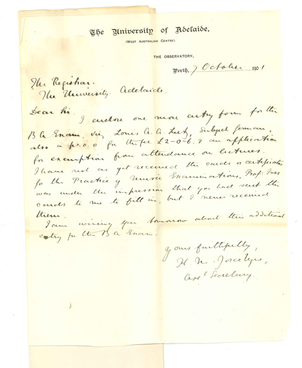 Henry Maurice Joscelyne - Perth - Forwarding entry for BA concerning cards and Certificates for Practice of Music Examinations