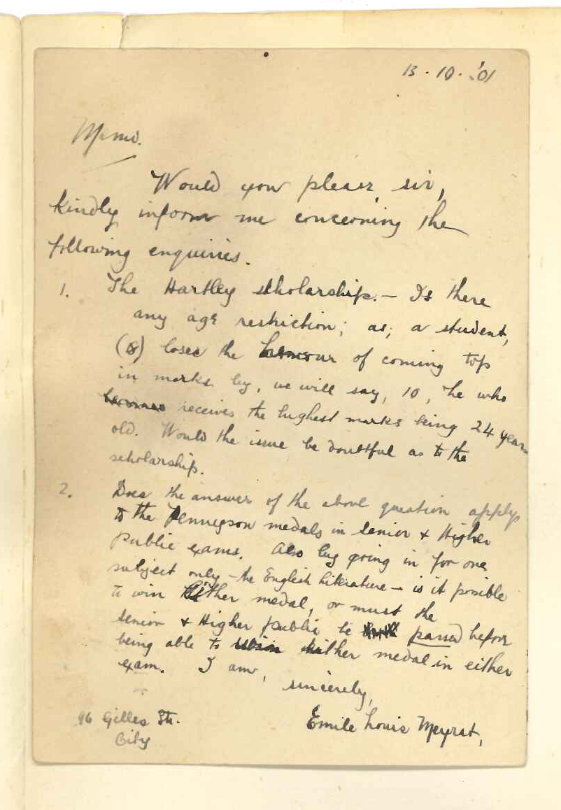 Emile Louis Meyrat - Adelaide - Questions regarding The Hartley Scholarship and The Tennyson Medals