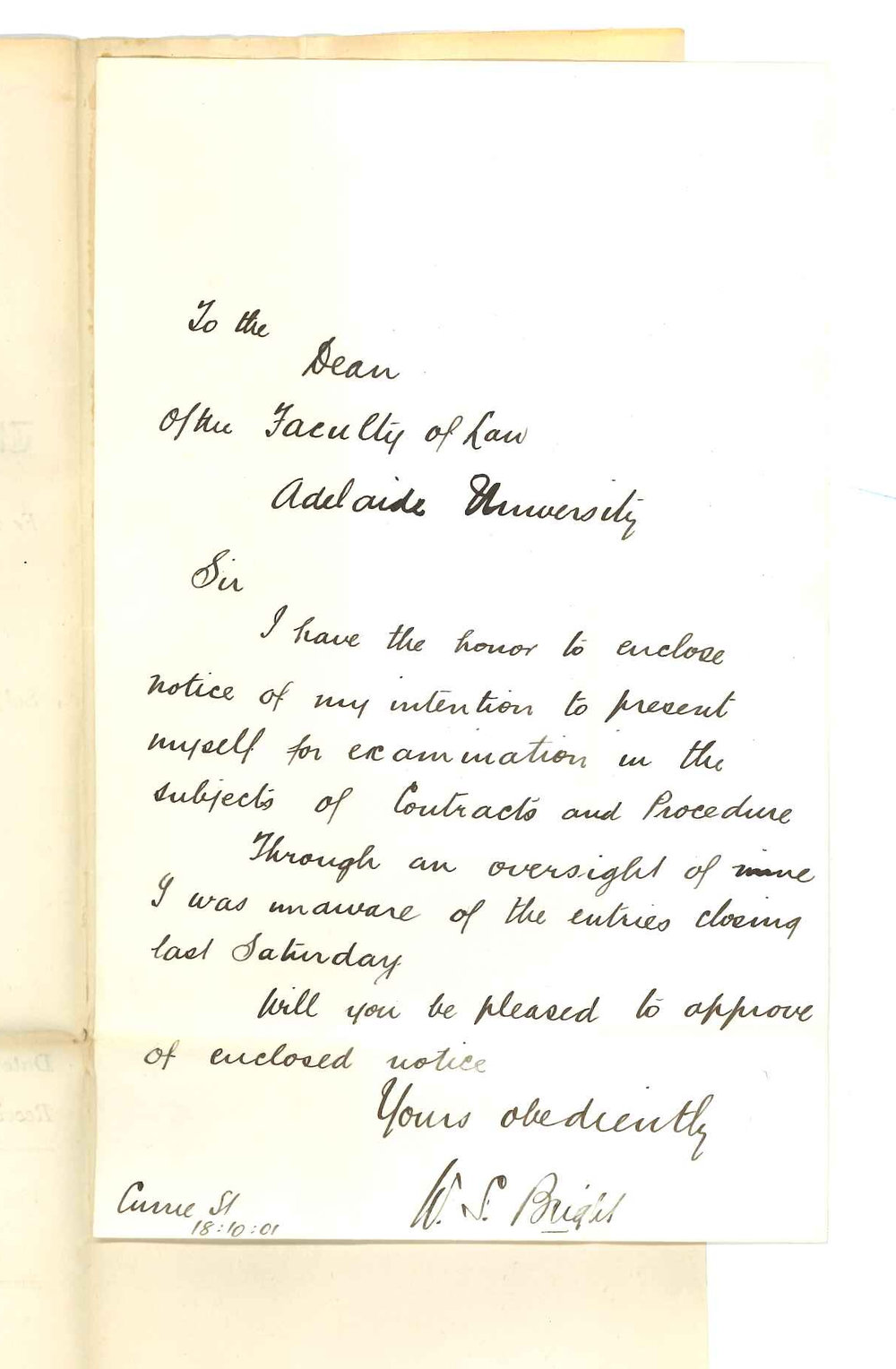 W S Bright - Adelaide - Asking if late entry for LLB Examination be accepted