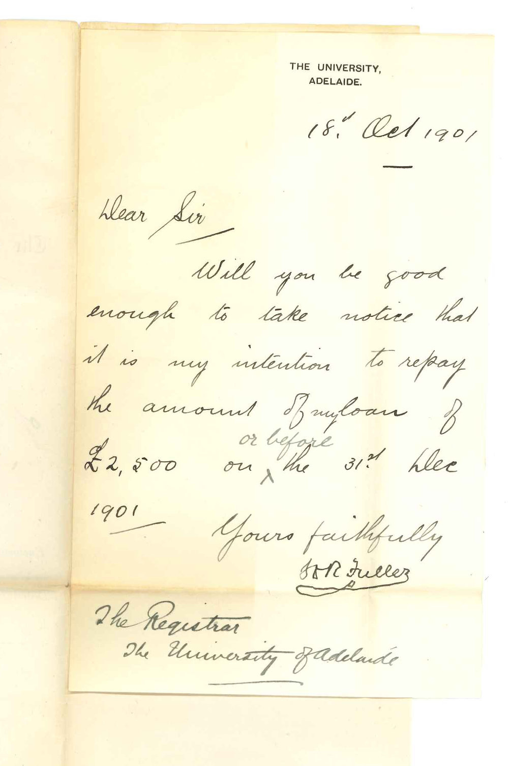 The Honorable H R Fuller - The University - Notice of repayment of loan
