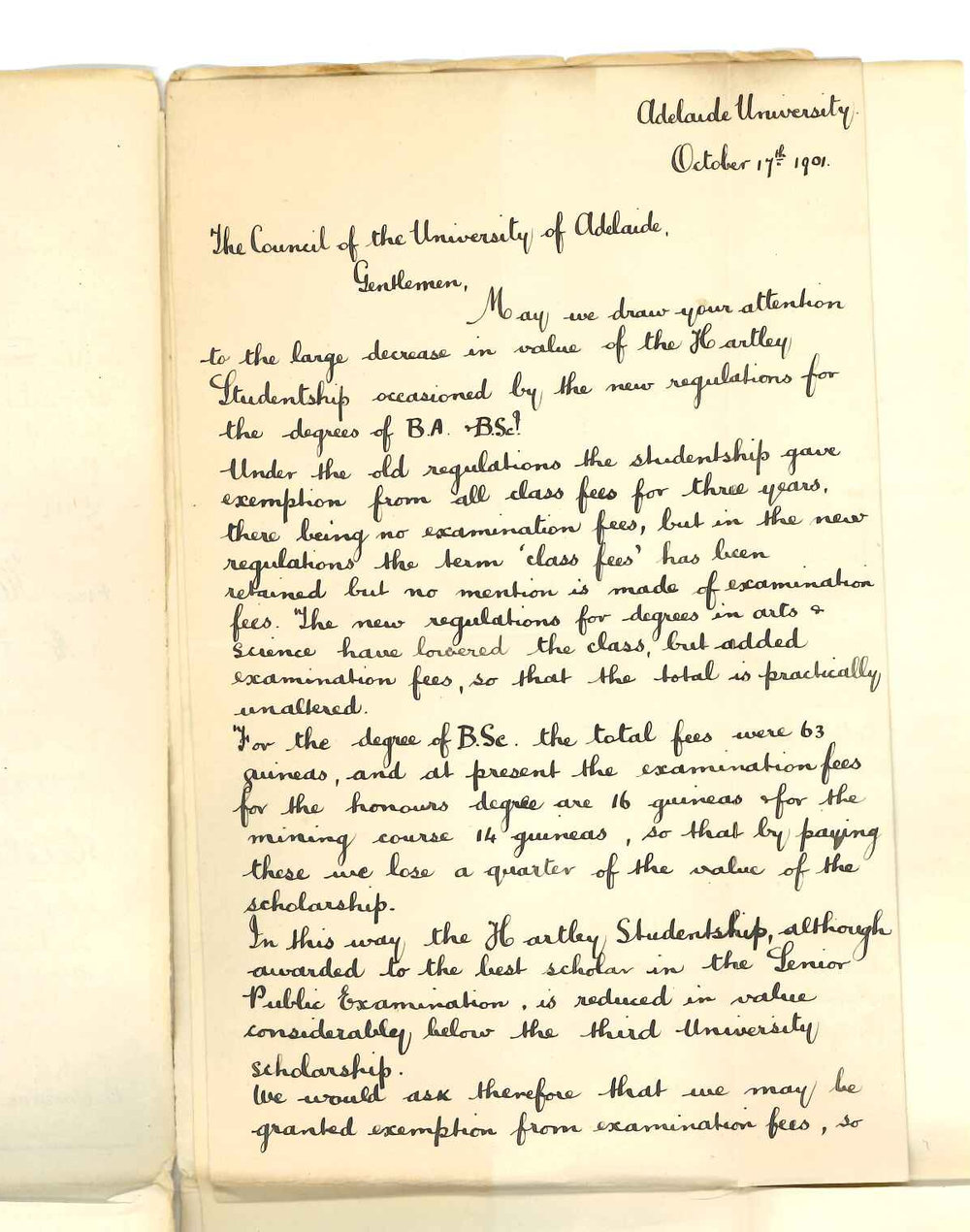 H W Gartrell - J F Ward - H J Priest - University - Asking if Hartley students may be exempted from Examination fees