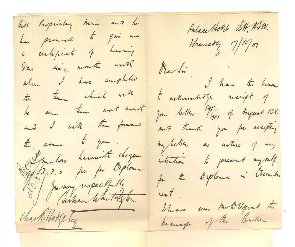 Bertram Whitington - Broken Hill - Giving notice of intention of taking Diploma in Mining Engineering