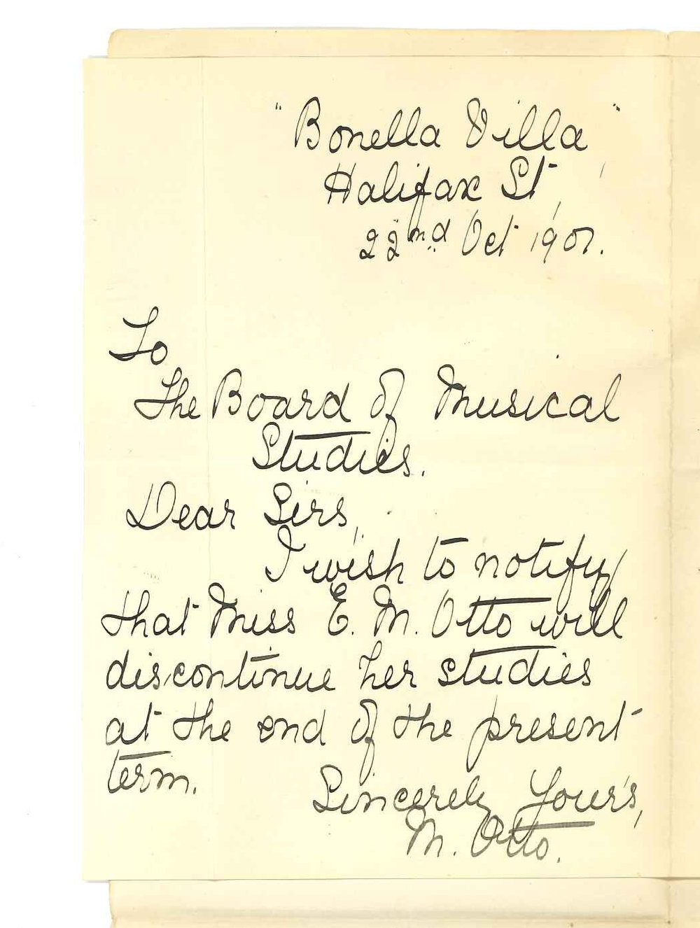 Miss M Otto - Adelaide - Discontinuing lessons at the Conservatorium