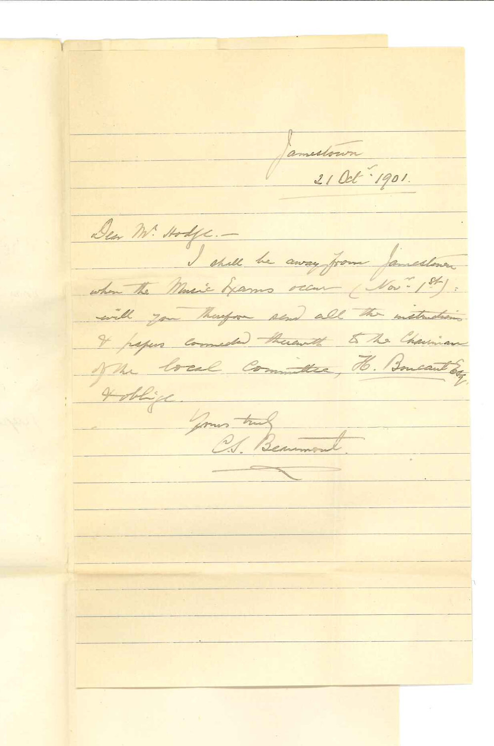 Reverend C S Beaumont - Jamestown - Requesting that papers connected with Music Exams be sent to Chairman of Centre on account of his absence