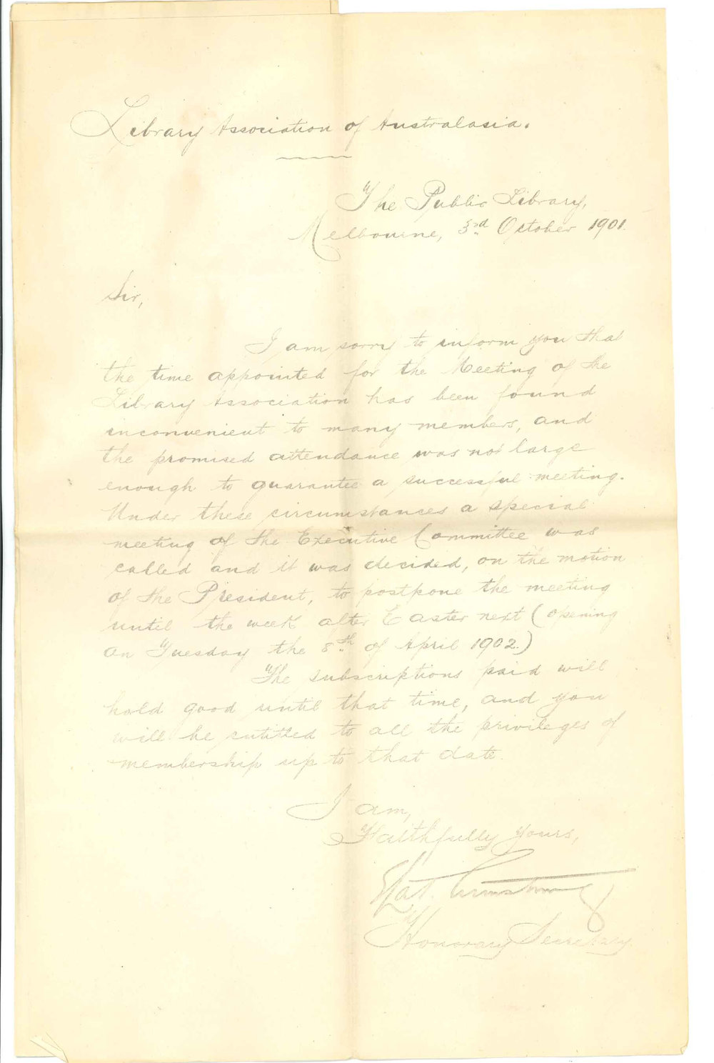 E La T Armstrong - Melbourne - Postponement of Meeting of Library Association of Australasia