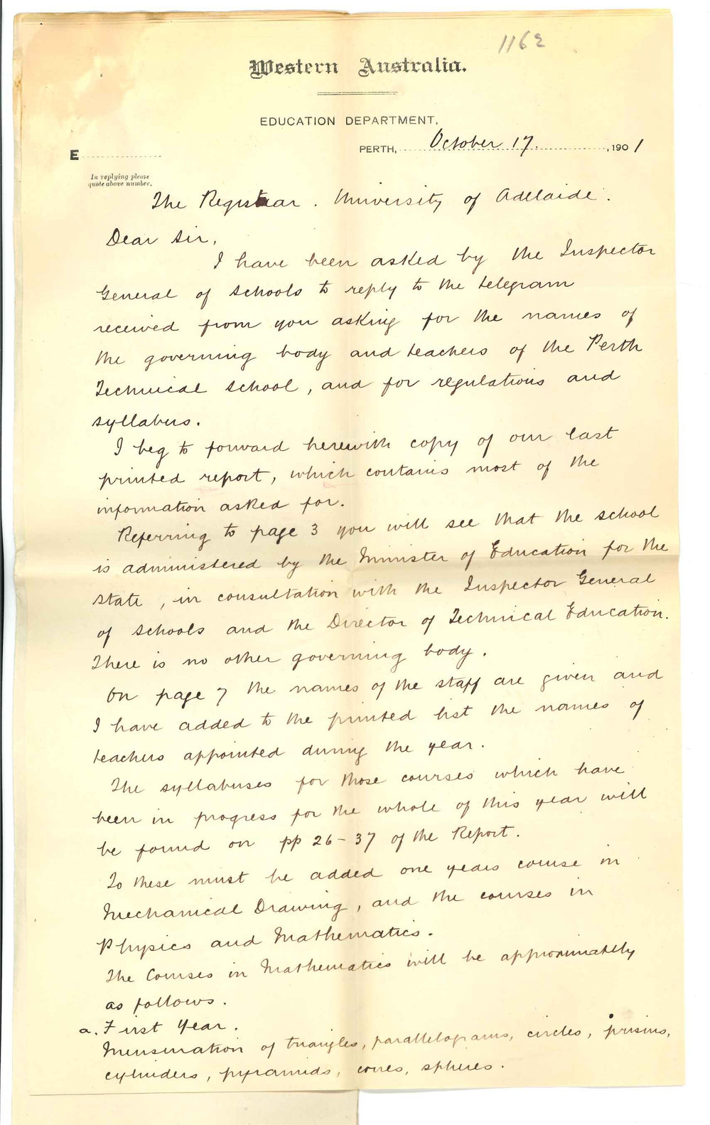 J Bernard Allen - Perth WA - Forwarding information of staff and Regulations etc of Technical School