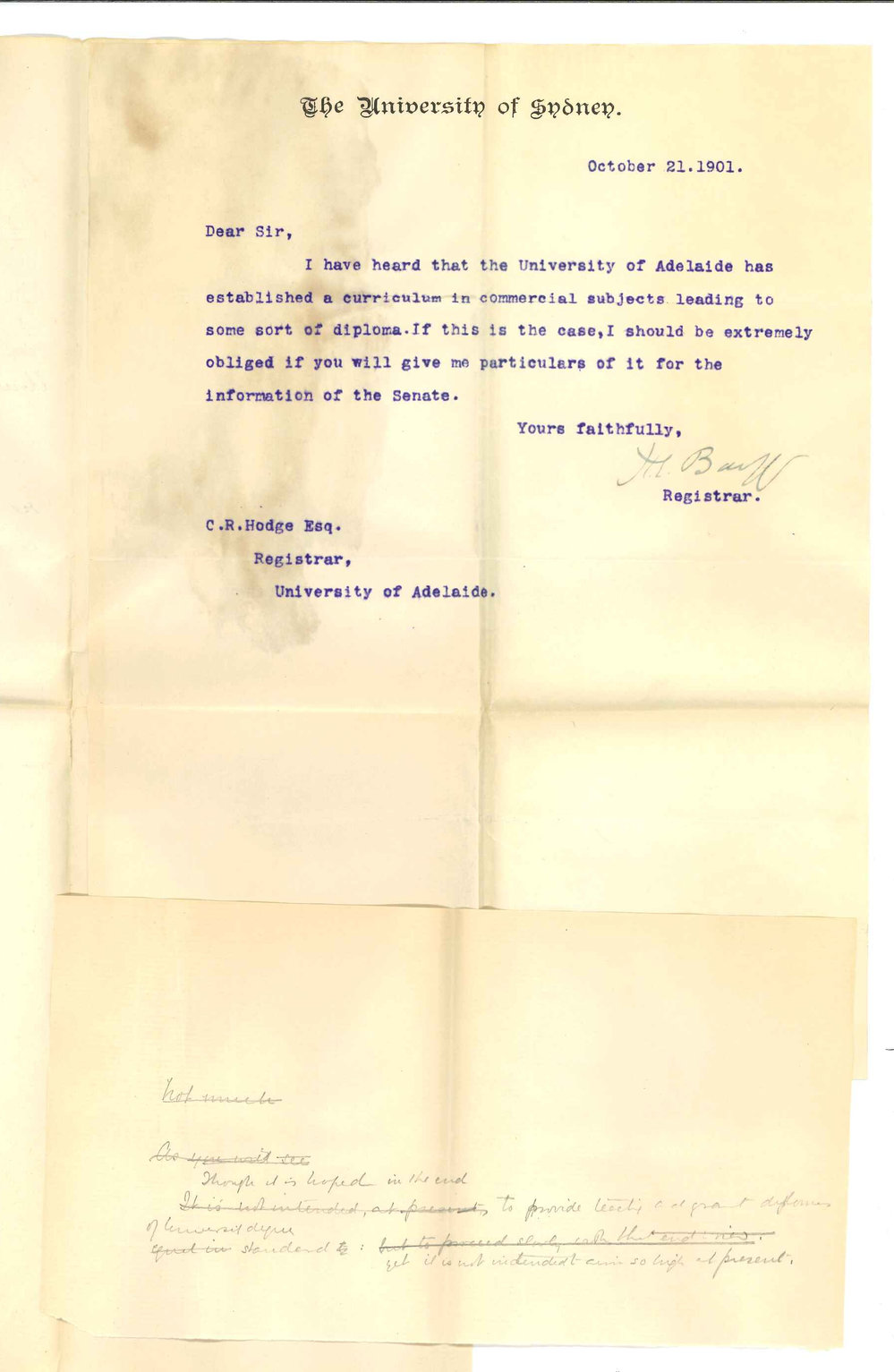 Henry Ebenezer Barff - Registrar - University of Sydney - Asking for information regarding curriculum in commercial subjects