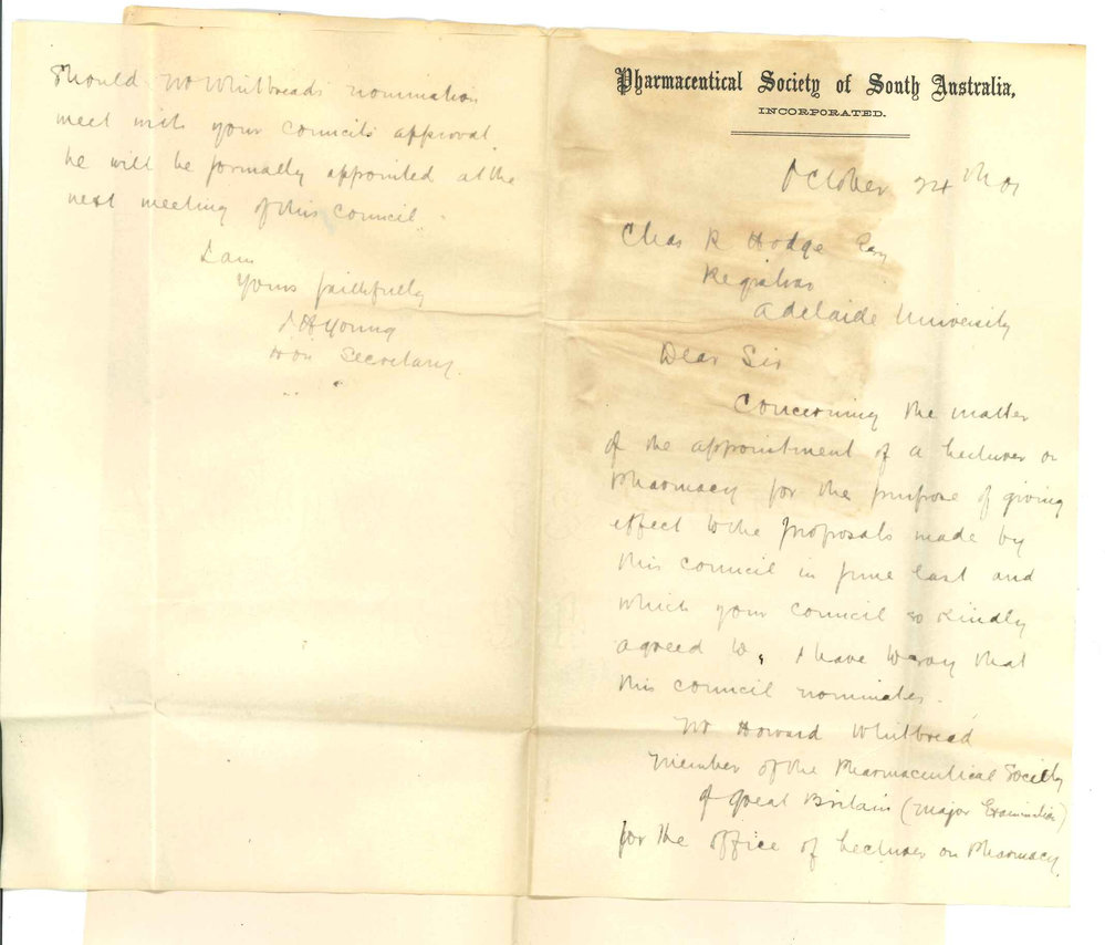 J H Young - Honorary Secretary - Pharmaceutical Society of South Australia - Appointing a Teacher on Pharmacy