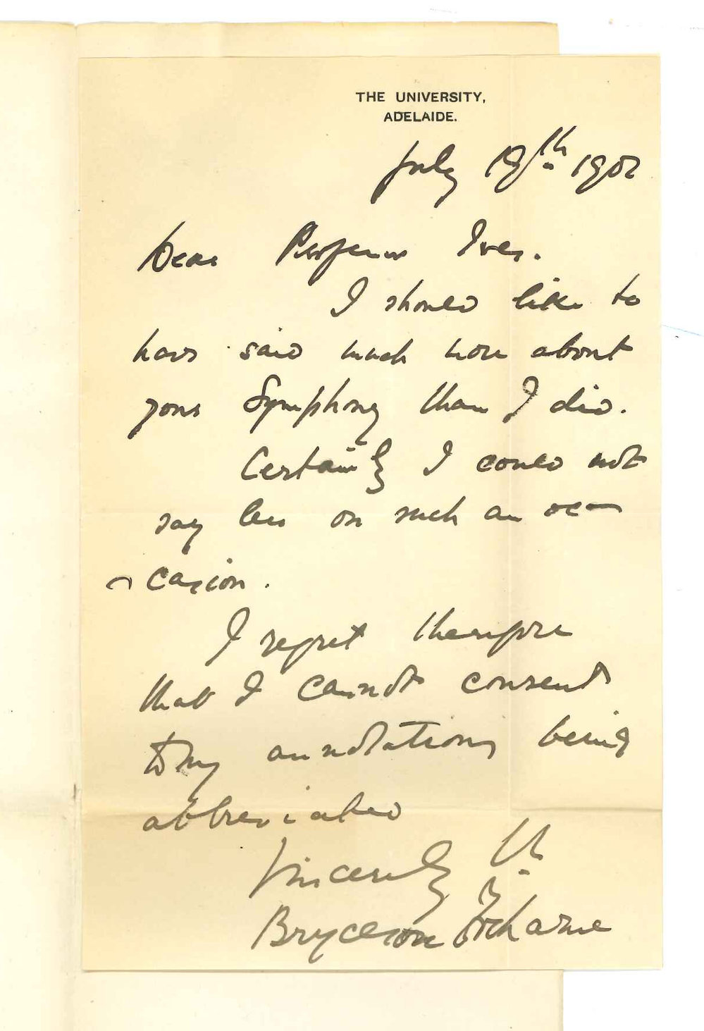 Bryceson Treharne to Professor Ives - The University - Annotations on program for Symphony Concert