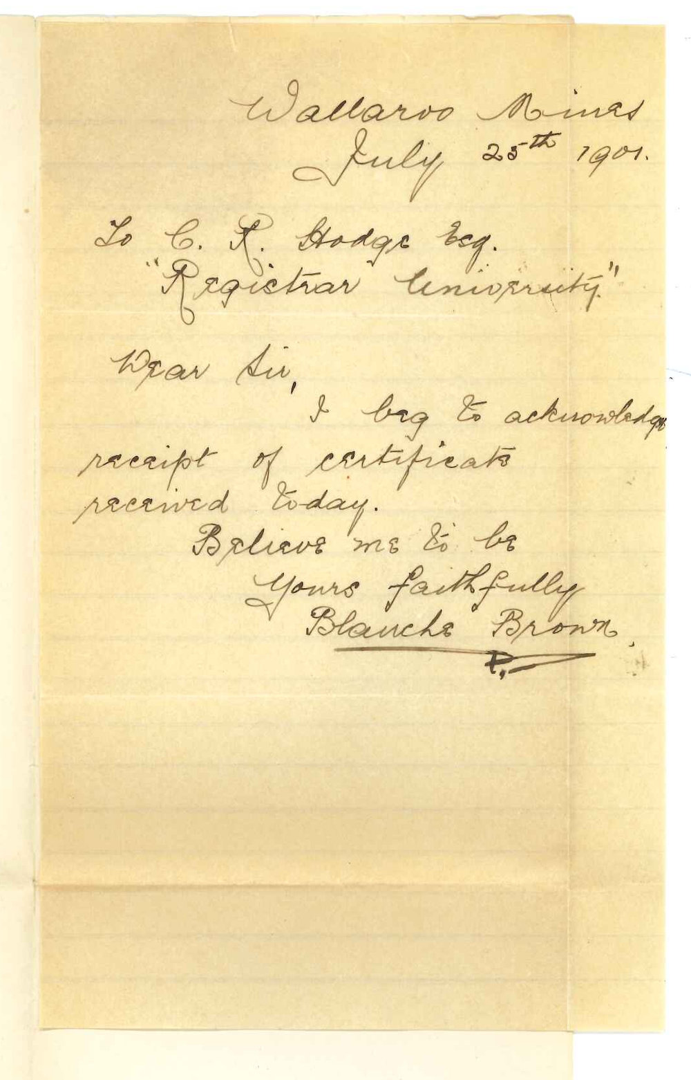 Blanche Brown - Wallaroo Mines - Acknowledging receipt of certificates
