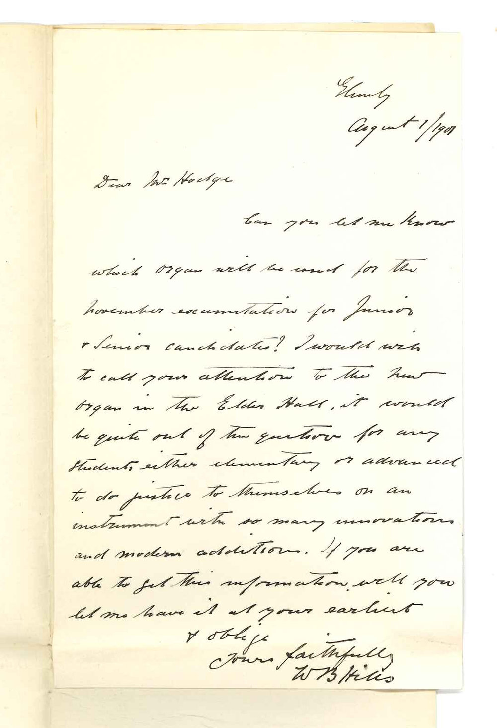 W B Hills - Glenelg - Asking what organ will be used for Examinations next November