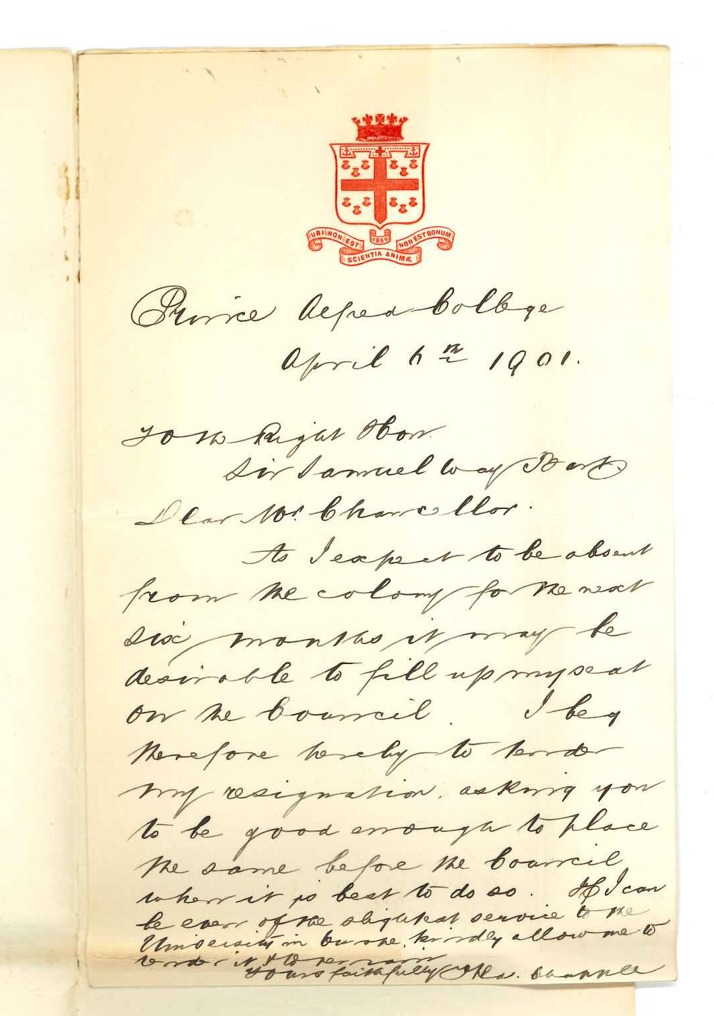 Frederic Chapple - Prince Alfred College - Placing resignation as a member of the Council in the hands of the Chancellor