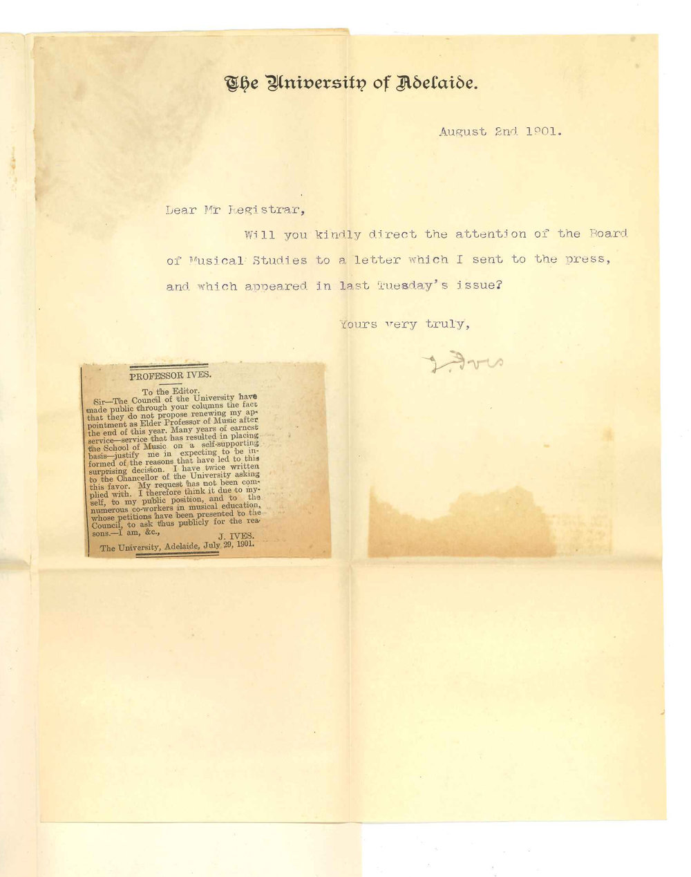 Professor Joshua Ives - The University - Drawing attention to his letter concerning reappointment which appeared in Advertiser on 30 July