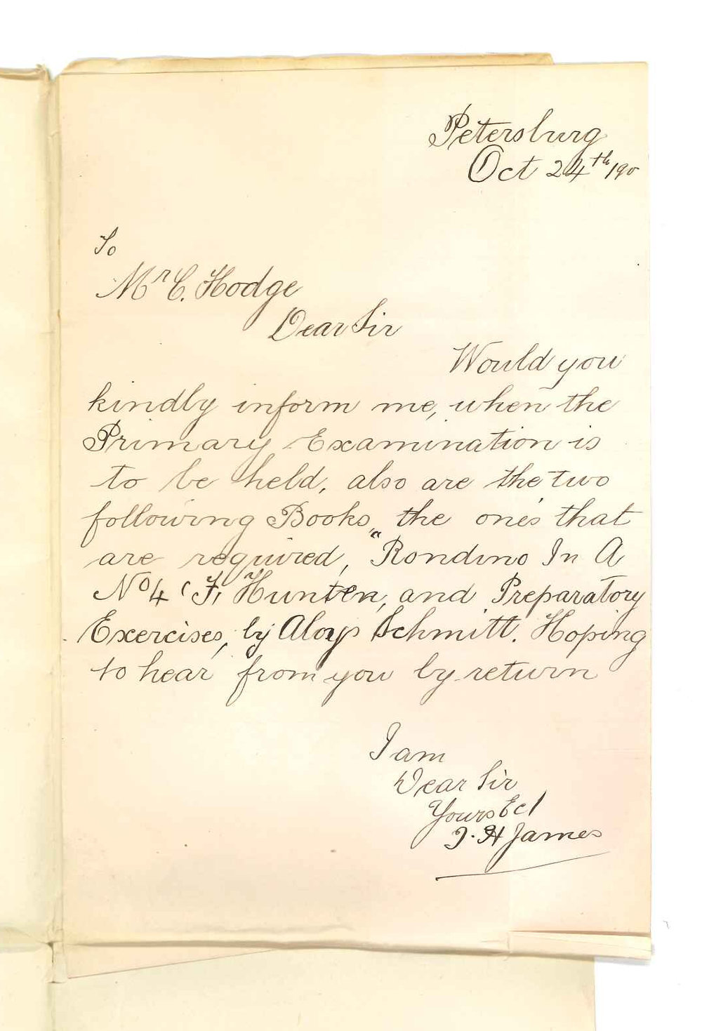 T H James - Petersburg - Concerning list of pieces and date for Primary Music Examinations