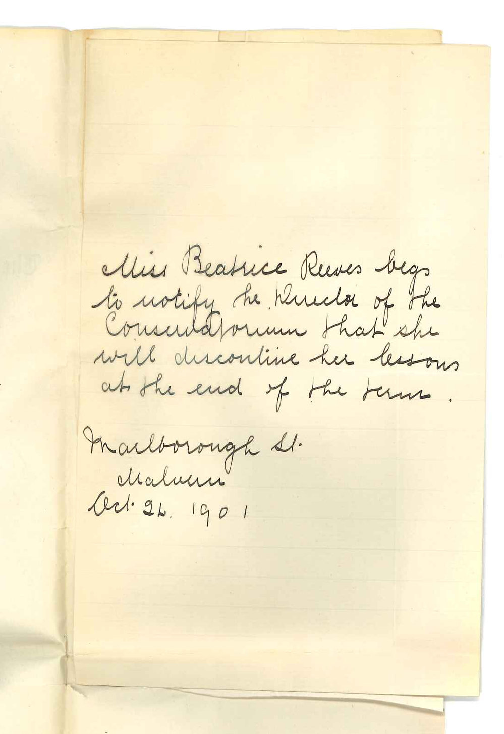 Miss Beatrice Reeves - Malvern - Discontinuing lessons at the Conservatorium