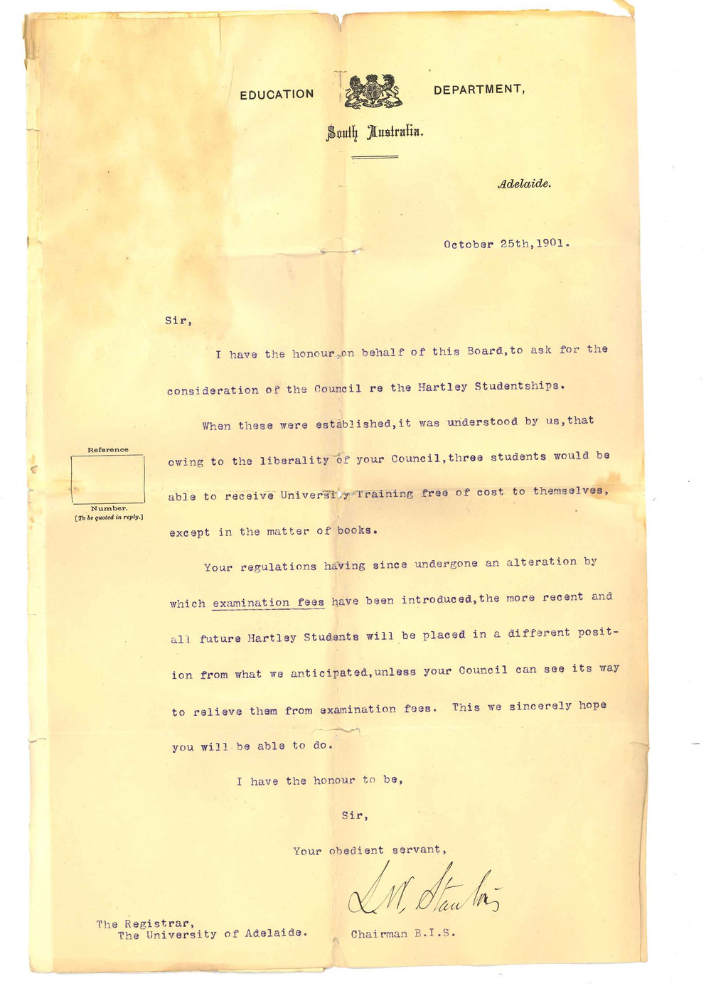 L W Stanton - Education Department Adelaide - Concerning Examination fees for Hartley Studentship