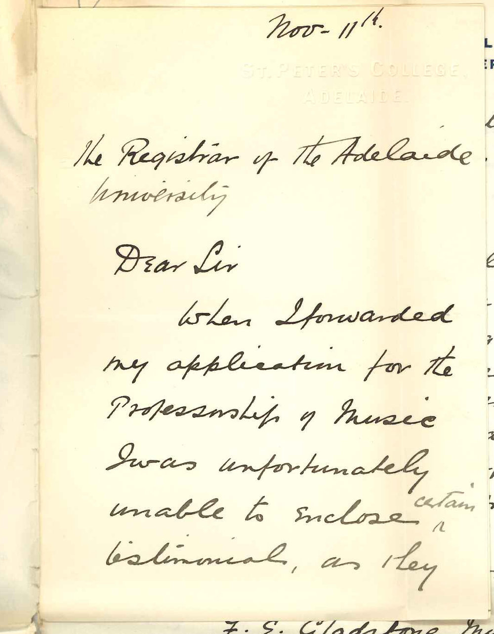 W M Hole - St Peters College - Application for the position of Professorship of Music