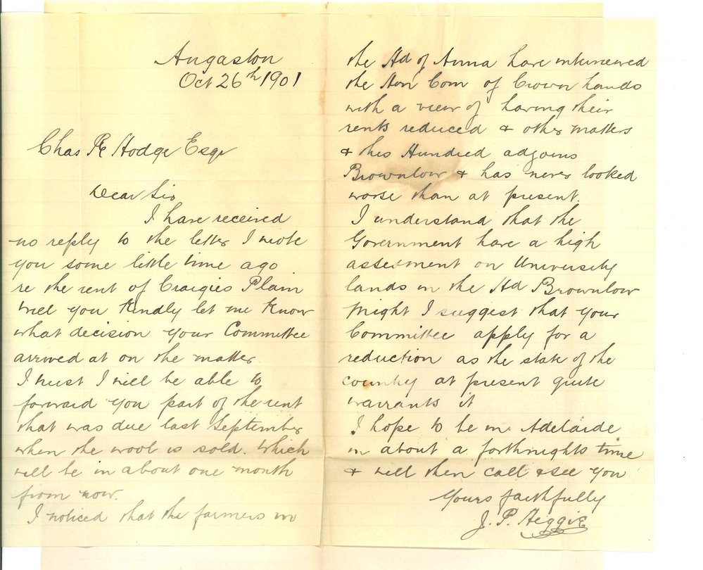 James P Heggie - Angaston - Concerning reduction of rent