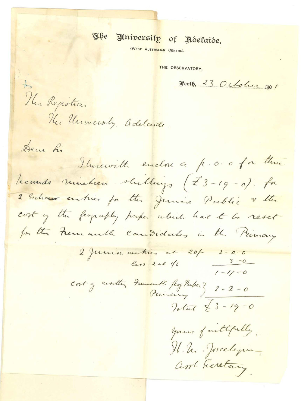 Henry Maurice Joscelyne - Perth - Forwarding payment for two Junior entries and cost of Geography paper