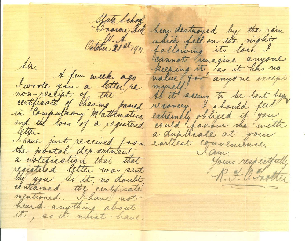 R F O Trotter - Brown Hill WA - Concerning Certificate in Compulsory Mathematics