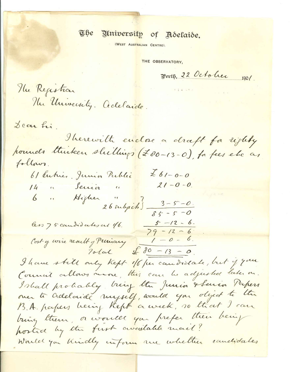 Henry Maurice Joscelyne - Perth - Forwarding draft for Public Examination entries and concerning Diploma and Advanced Course in Music