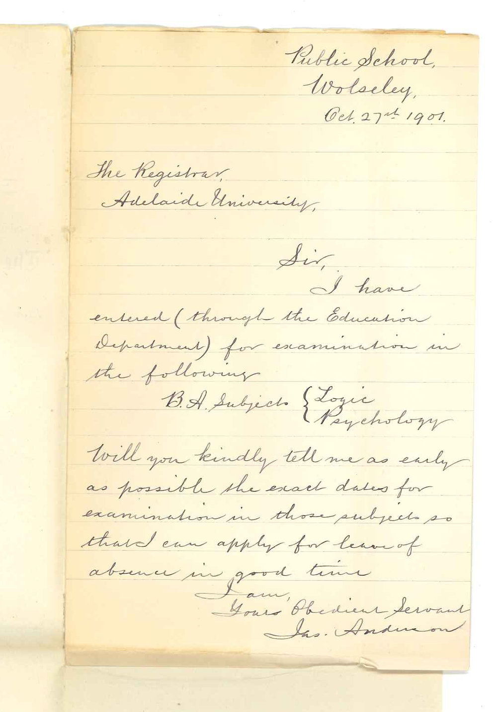 James Anderson - Public School Wolsely - Asking for date of examination in Logic and Psychology