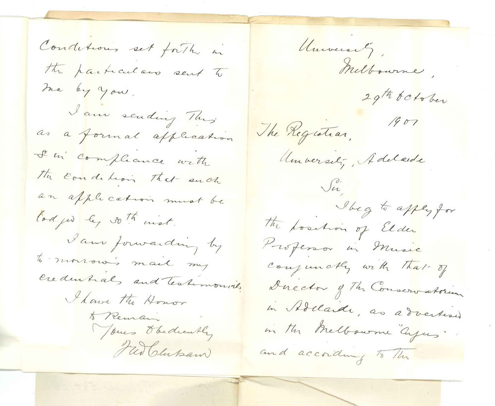 Fred Clutsam - Melbourne - Application for position of Professorship of Music