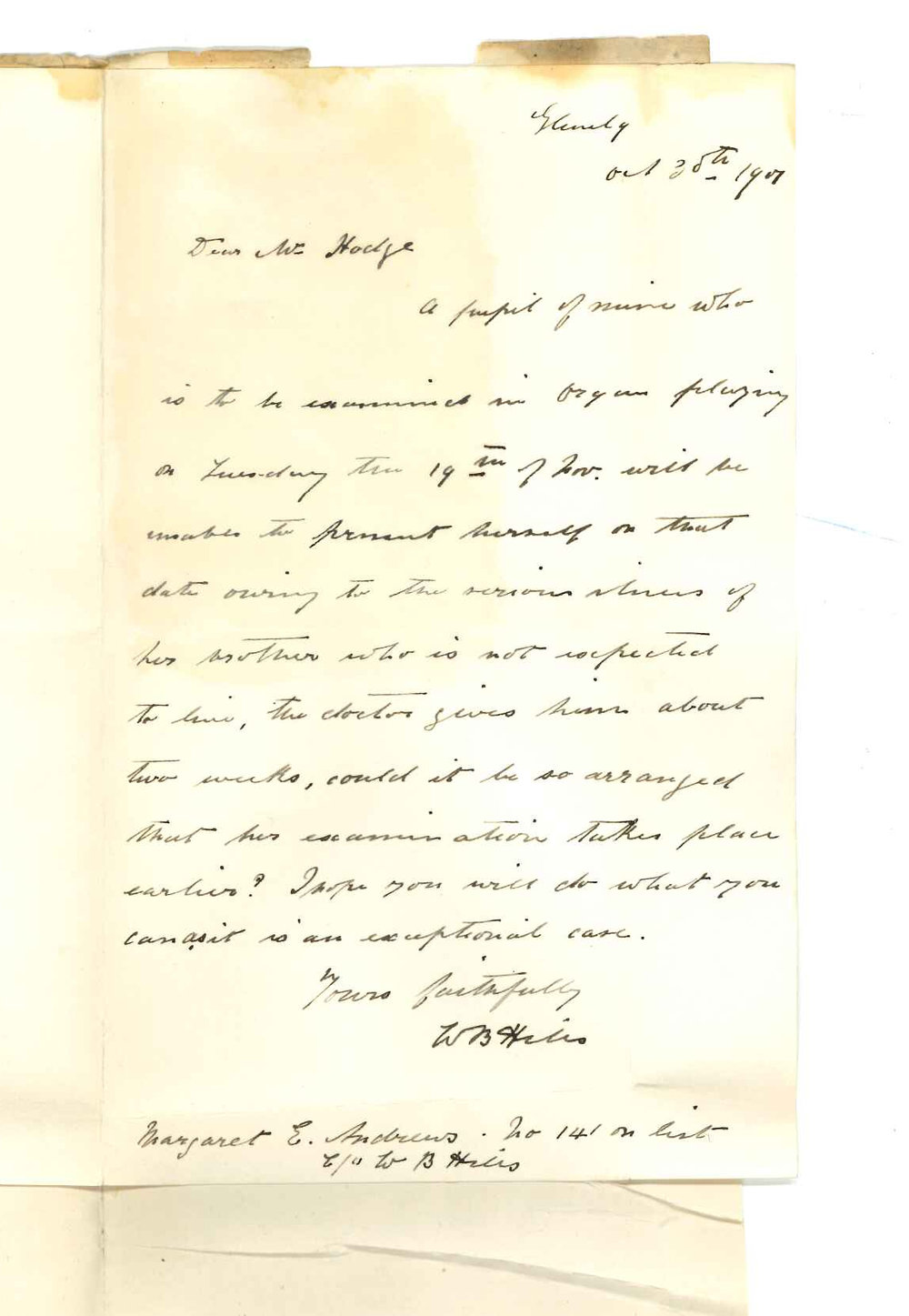 W B Hills - Glenelg - Asking if Miss M E Andrews could be examined in Practice of Music at an earlier date