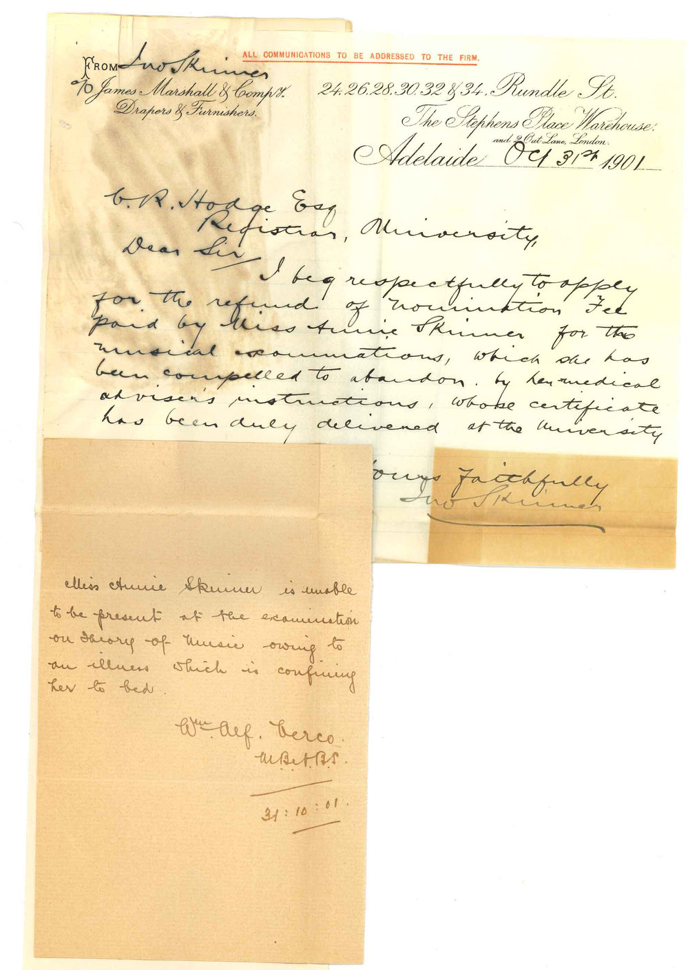 J Skinner - Adelaide - Requesting Miss Annie Skinners fee for Music Examination to be refunded