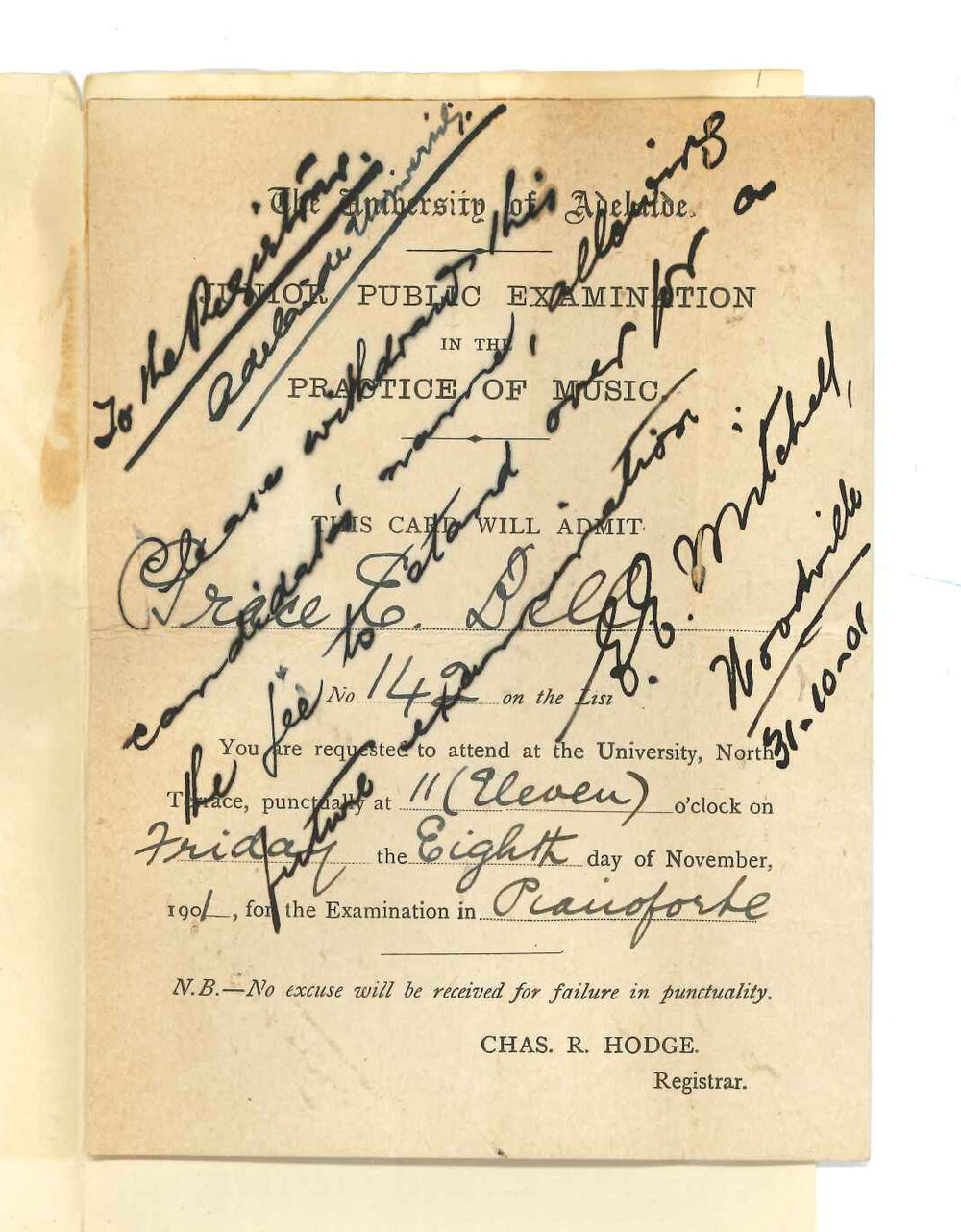 E E Mitchell - Woodville - Withdrawing Miss G E Bell from Junior Theory of Music Examination