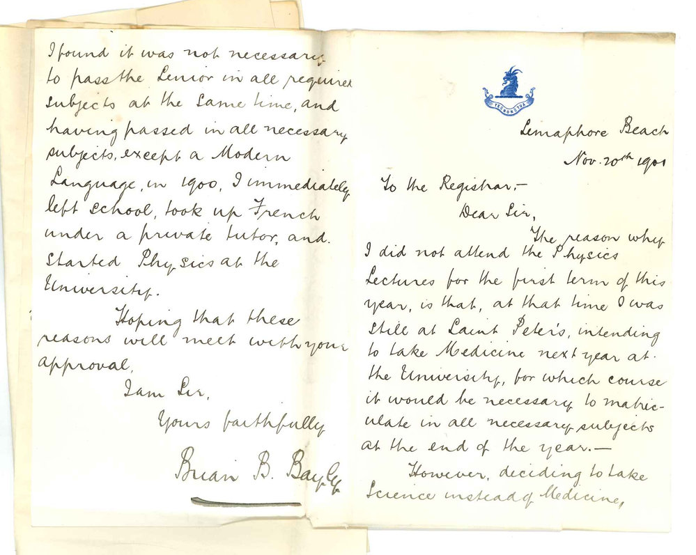 Brian B Bayly - University - Exemption from attendance at lectures for first term