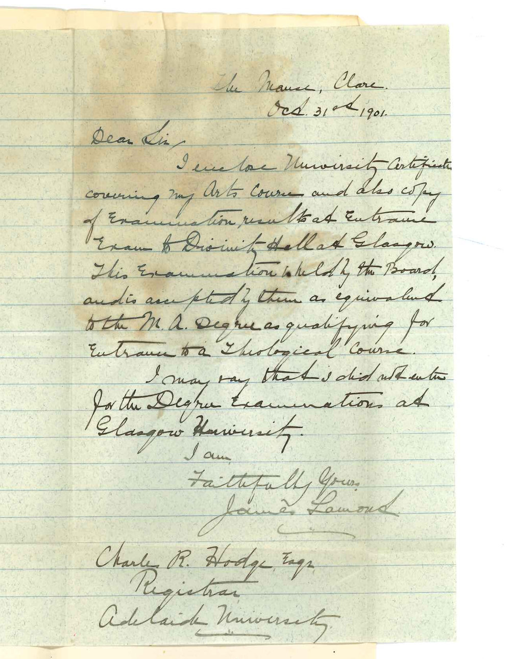 Reverend James Lamont - Clare - Forwarding Certificates of Arts Course at University of Glasgow