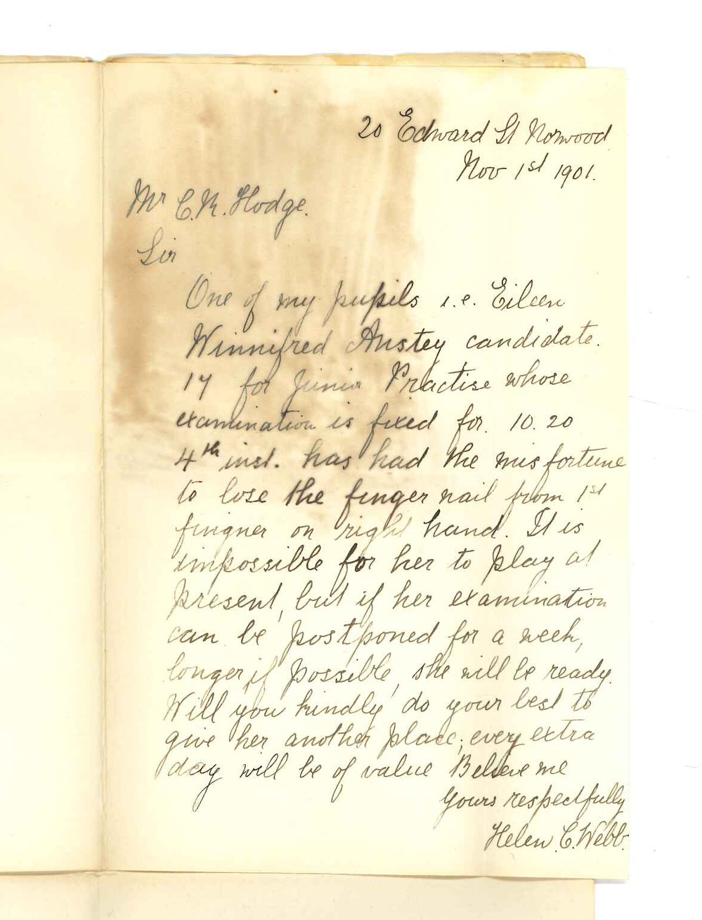 Miss Helen C Webb - Norwood - Asking if Miss E W Anstey exam for Junior Practice of Music could be postponed