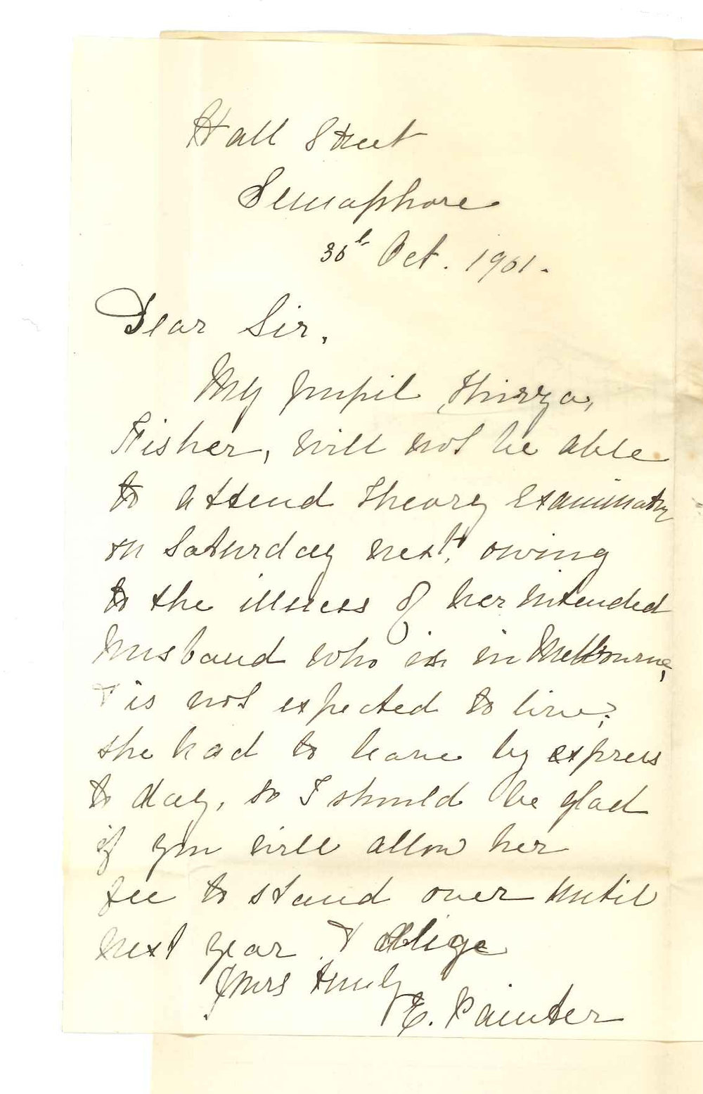 Miss E Painter - Semaphore - Withdrawing Miss T Fisher from Junior Theory Examination