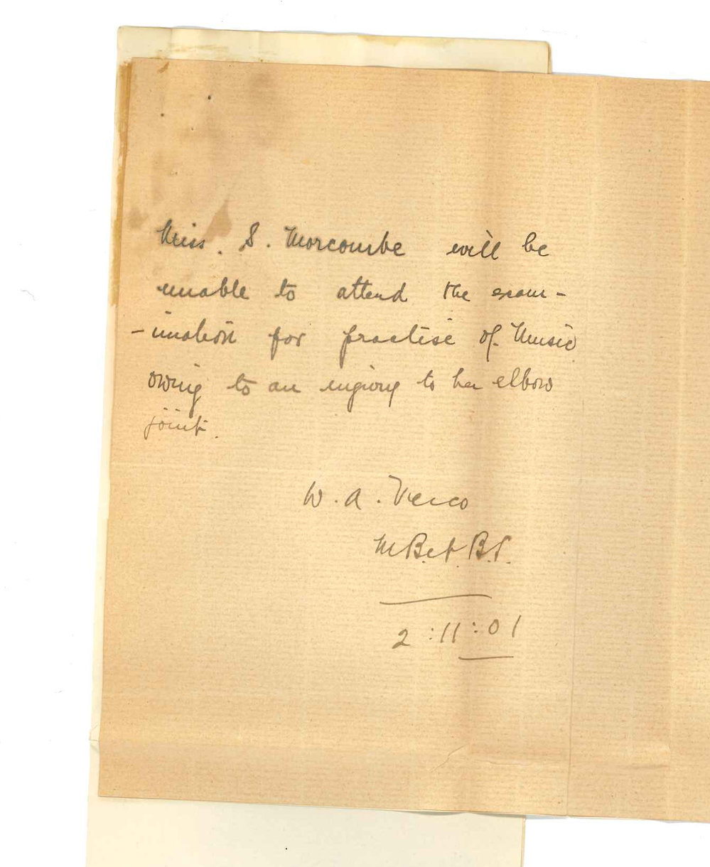 Miss S K Morcombe - Nailsworth - Asking if her Exam in Practice of Music could be postponed until conclusion of Country Exams