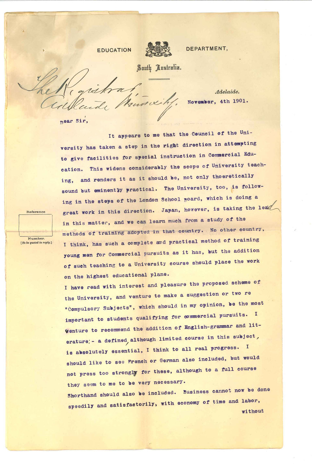 T Burgan - Education Department - Adelaide - Concerning course for Commercial Education and suggestions Compulsory Subjects