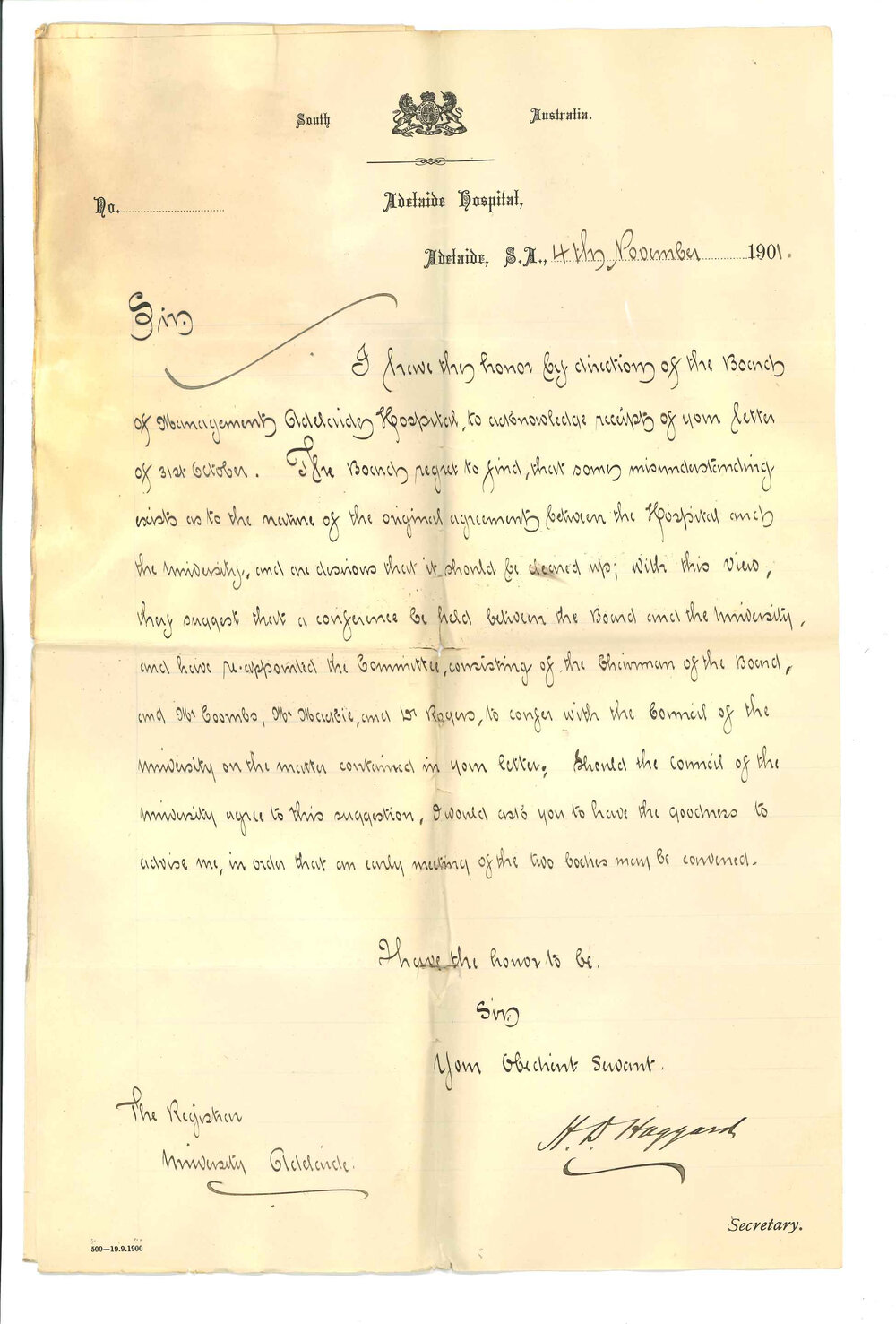 H D Haggard - Secretary - Adelaide Hospital - Suggesting a conference be held between the Board of the Hospital and University concerning the original agreement