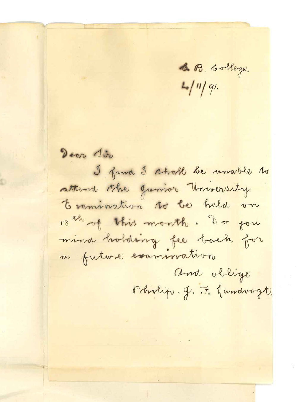 Philip J F Landvogt - Adelaide - Withdrawing from Junior Public Examination