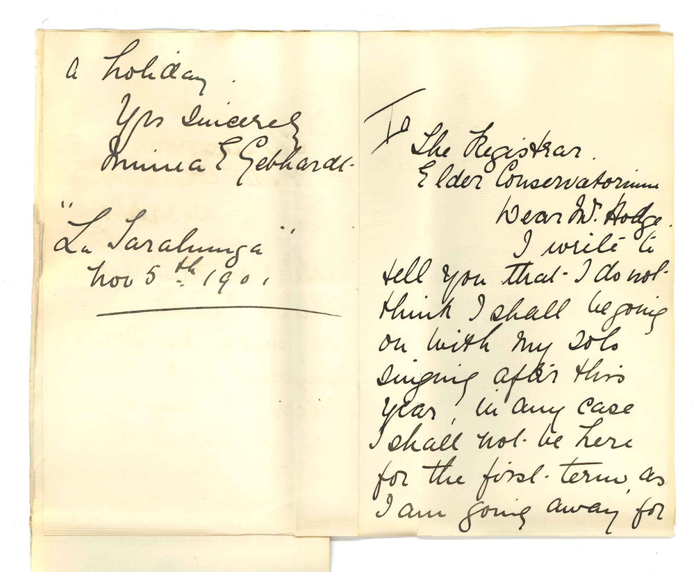 W Stuart Williams and Miss M E Gebhardt - Discontinuing lessons at the Conservatorium