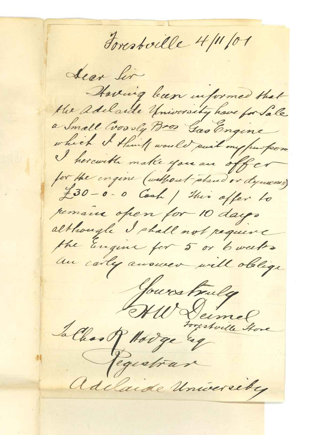 H W Deimel - Forestville - Making offer for a Crossly Brothers Gas Engine