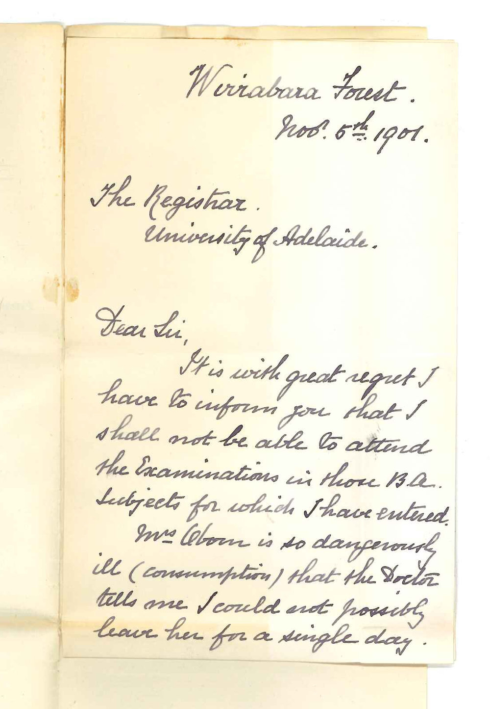 Thomas Symons Oborn - Wirrabara Forest - Withdrawing from Examinations in BA Course