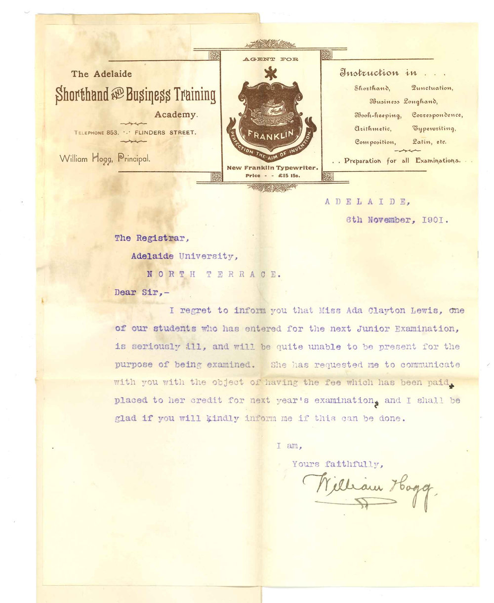 William Hogg - Adelaide - Withdrawing Miss Ada Clayton Lewis from Junior Public Examination