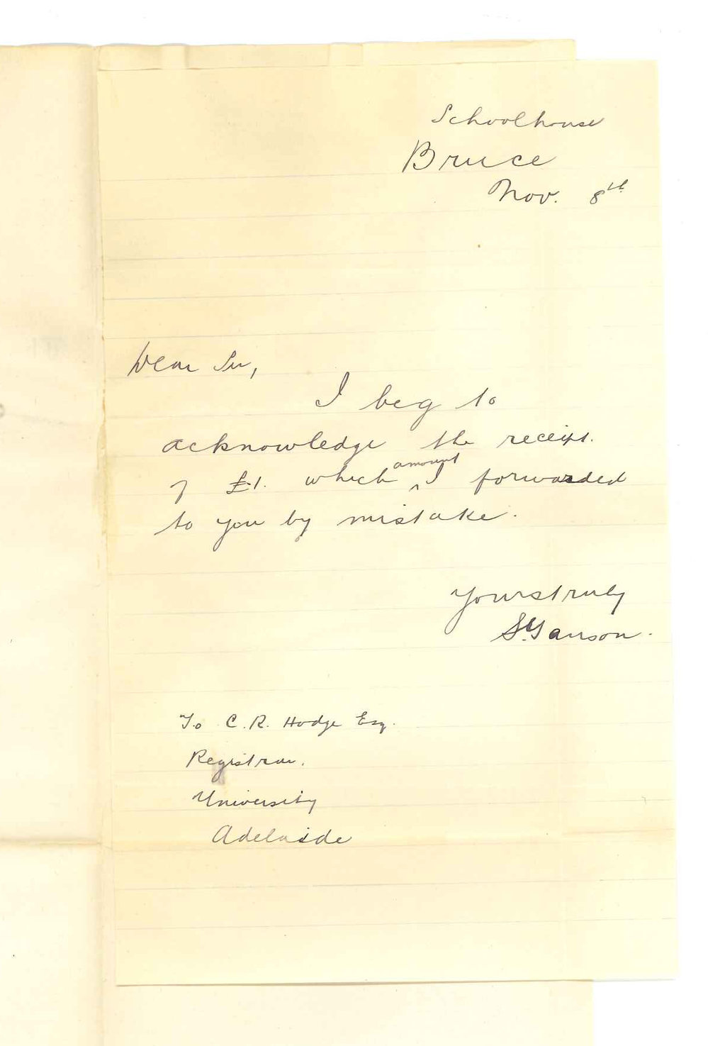 S Ganson - Schoolhouse Bruce - Acknowledging receipt of &pound;1